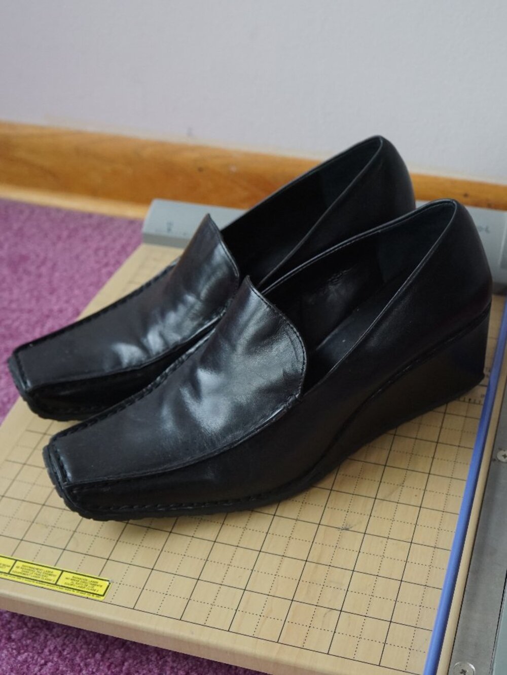 Franco Sarto black genuine leather square toe wedge heels